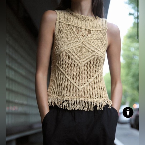 NWT Zara METALLIC THREAD FRINGED KNIT TOP in Golden Size Small - Picture 1 of 7